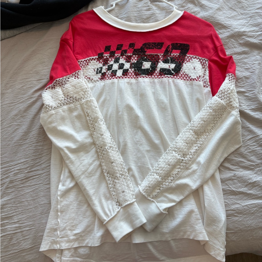 BDG Red and Cream Lace Accent Top